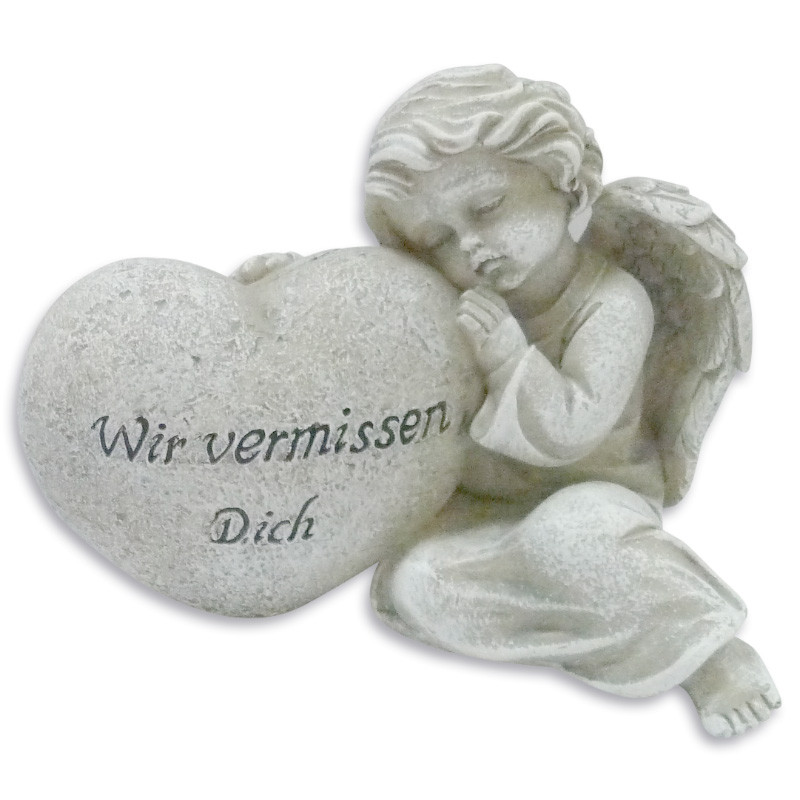 Engelsfigur an Herz gelehnt Wir vermissen Dich Grabdekoration aus Polyresin 12x9,5x9,5 cm